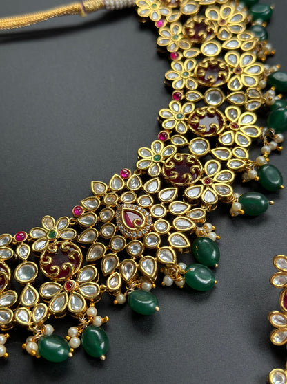 Collar de oro granate Kundan/gargantilla india con pendientes/joyería delicada de Bollywood/conjunto de gargantilla de oro rosa paquistaní/collar de boda Sabyasachi