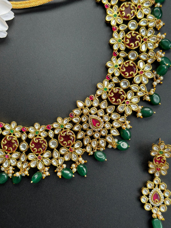 Collar de oro granate Kundan/gargantilla india con pendientes/joyería delicada de Bollywood/conjunto de gargantilla de oro rosa paquistaní/collar de boda Sabyasachi