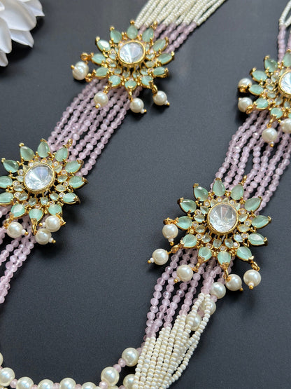 Long pink polki haar/layer bead indian necklace/bridal sabyasachi long necklace/white gold moissaitnite flower necklace/tikka jhumka set
