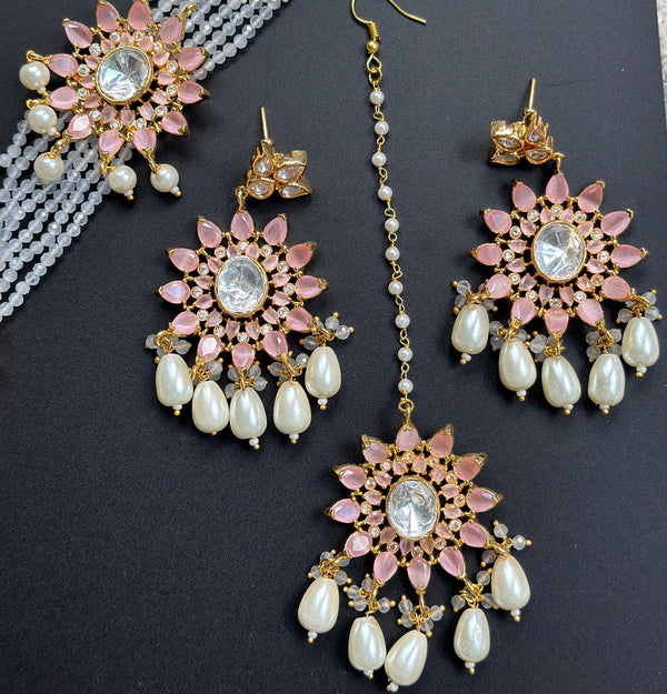 Long pink polki haar/layer bead indian necklace/bridal sabyasachi long necklace/white gold moissaitnite flower necklace/tikka jhumka set