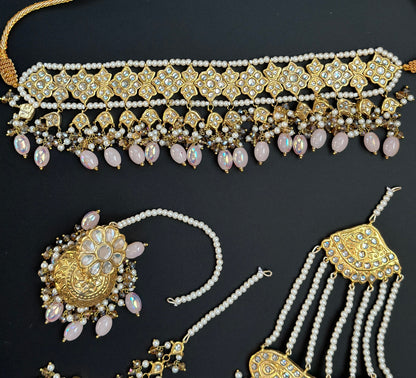 Multani Necklace set/Thapa Kundan Choker/Punjabi Wedding Jewelry/Indian bridal necklace with passa earrings and jhoomar/Gold Plated Choker