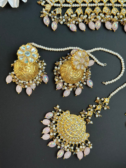 Multani Necklace set/Thapa Kundan Choker/Punjabi Wedding Jewelry/Indian bridal necklace with passa earrings and jhoomar/Gold Plated Choker