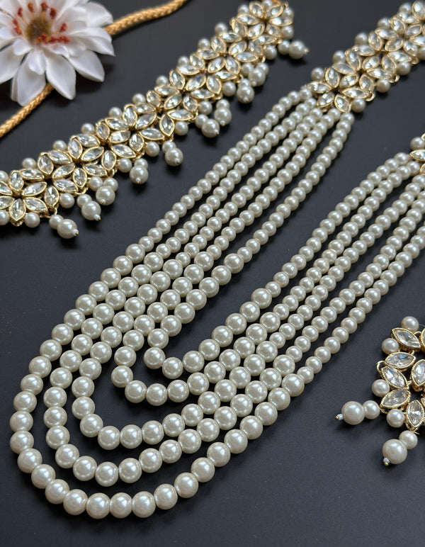 Long pearl choker set with tikka/kundan gold necklace/floral bridal jewelry/white pastel choker set/diamond necklace with jhumka earring