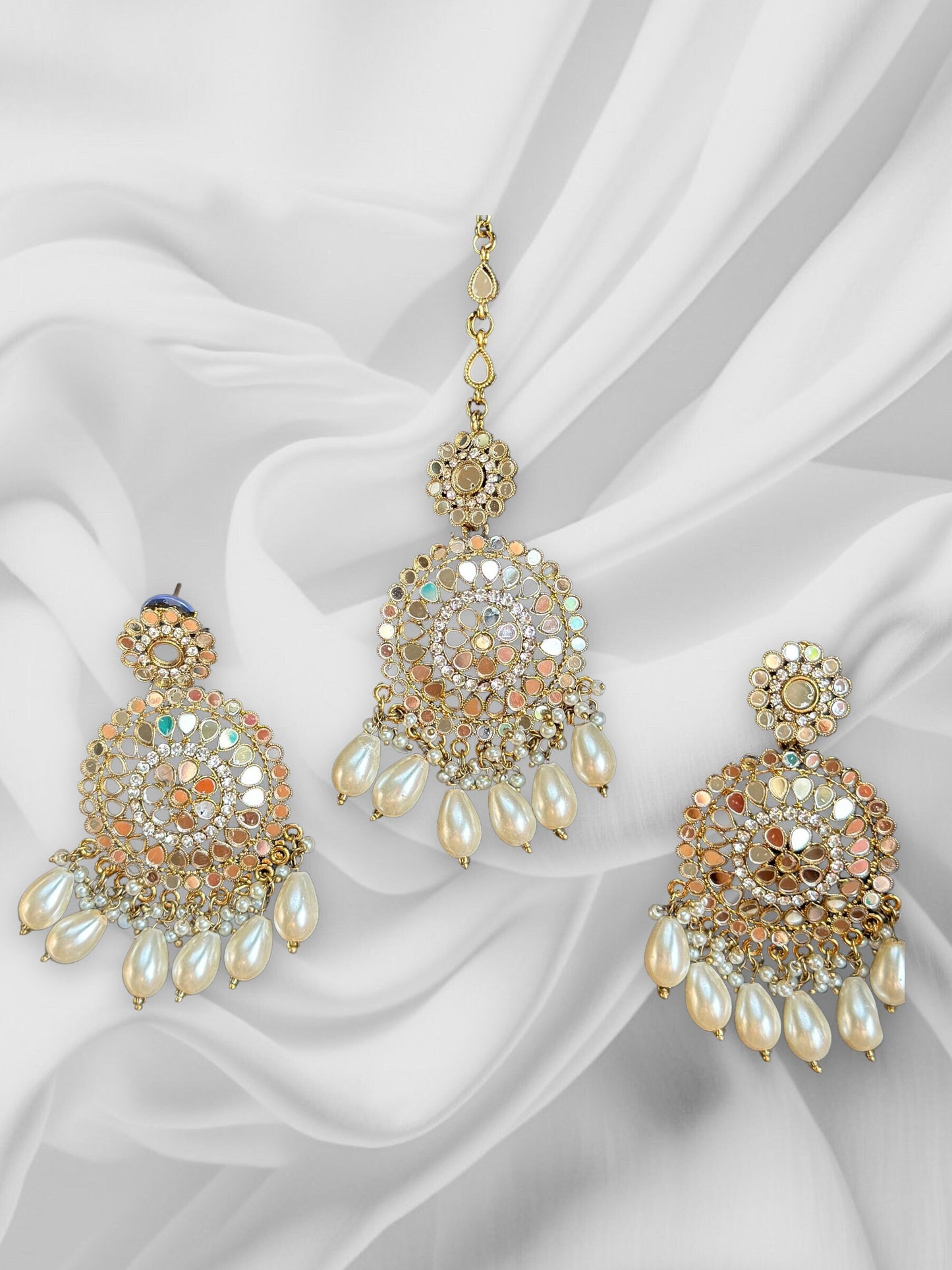 Silver Polki Tikka set/Small Dainty polki maangtikka/Jhumka and Tikka with pearl/Mirror Indian Jewelry/Kundan Wedding Bridal Tikka earring