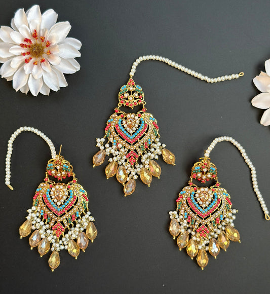 Multi Color Kundan Tikka Earring/Pink Jhumka Maangtikka/Silver Pink Tikka set/Long Green Jhumka/Punjabi Red Jewelry/Bridal Pearl Earring  MerakeJewelry