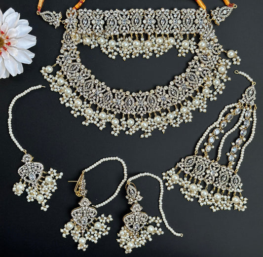 Silver Pakistani Wedding Necklace with Jhoomar/Full Bridal choker with tikka and earrings/White Diamond Kundan Heavy Necklace/Nikkah Bride  MerakeJewelry