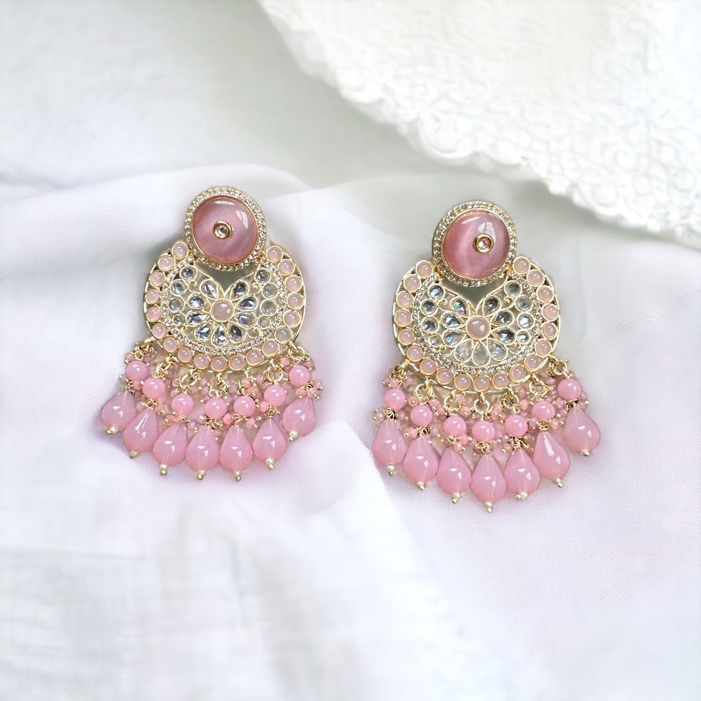 Kundan Pink Earrings/Reception earrings/Bollywood Jewelry/mirror polki earrings/Semi precious stone earrings/indian jhumka/Unique earrings