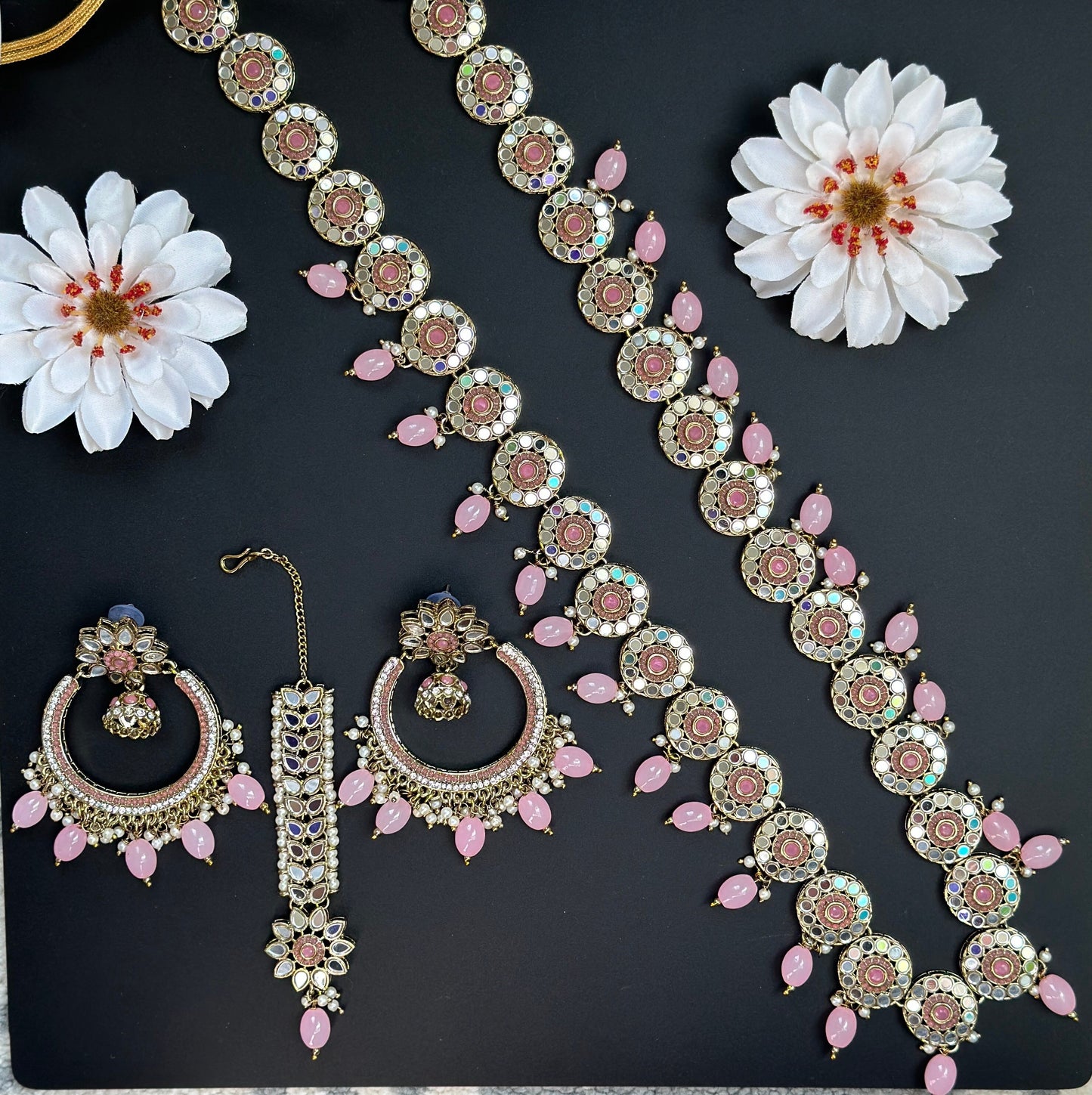 Collar indio de espejo largo/joyería de boda amarilla/tikka y chandbali con cuello largo/joyería de boda punjabi rosa/espejo multicolor