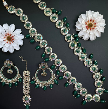 Long Mirror Indian Necklace/Yellow wedding Jewelry/tikka and chandbali with long neckalce/pink punjabi wedding jewellery/multi color mirror
