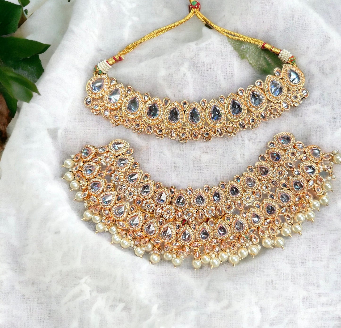 Rose Gold Double Layer Indian Bridal Necklace/Silver Pakistani wedding set/Punjabi Traditional beide jewelry/Choker with Tikka and jhumka