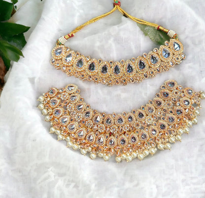 Collar nupcial indio de doble capa de oro rosa/conjunto de bodas paquistaníes de plata/joyería beide tradicional punjabi/gargantilla con Tikka y jhumka